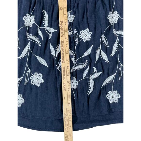 J Jill Gauzy Top Blouse Sz XL Black White Embroidery Covered Buttons Semi Sheer - Picture 7 of 9